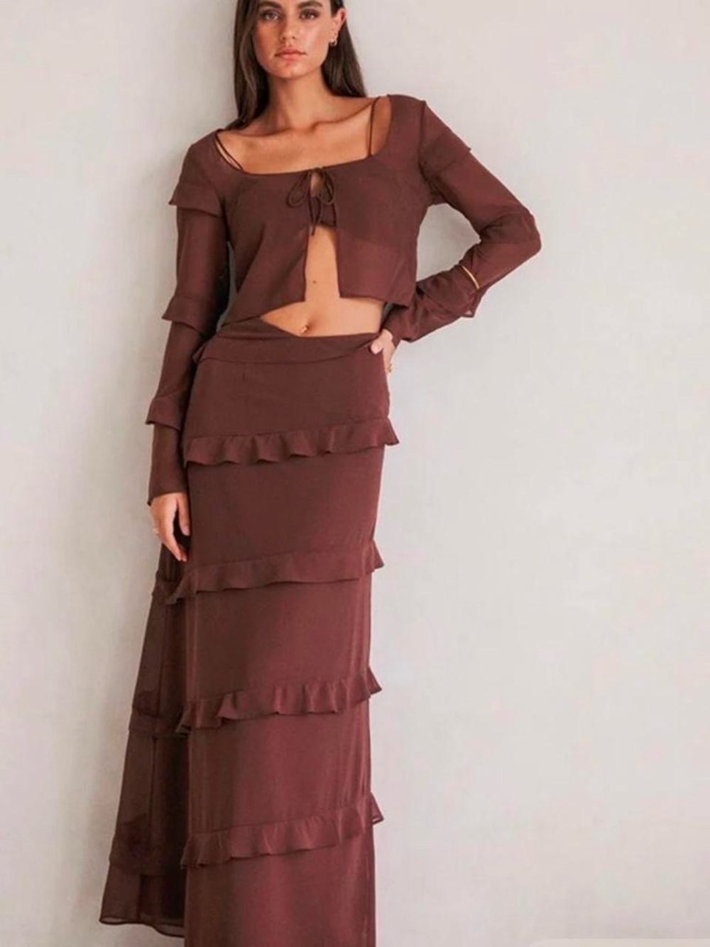 Sabo Skirt Brown Ruffle-Tier Maxi Skirt Set